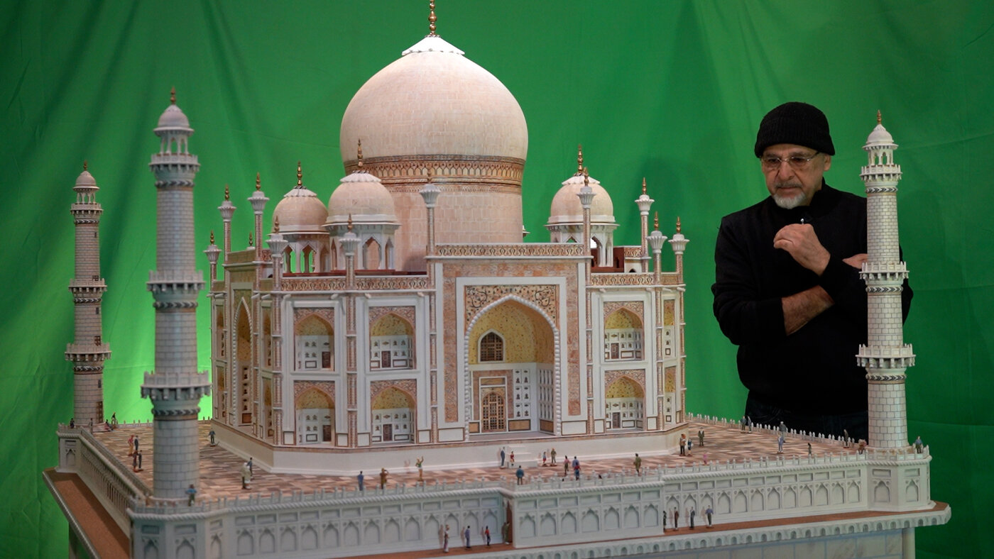 Vahid Nazarpour with his handcrafted Taj Mahal model